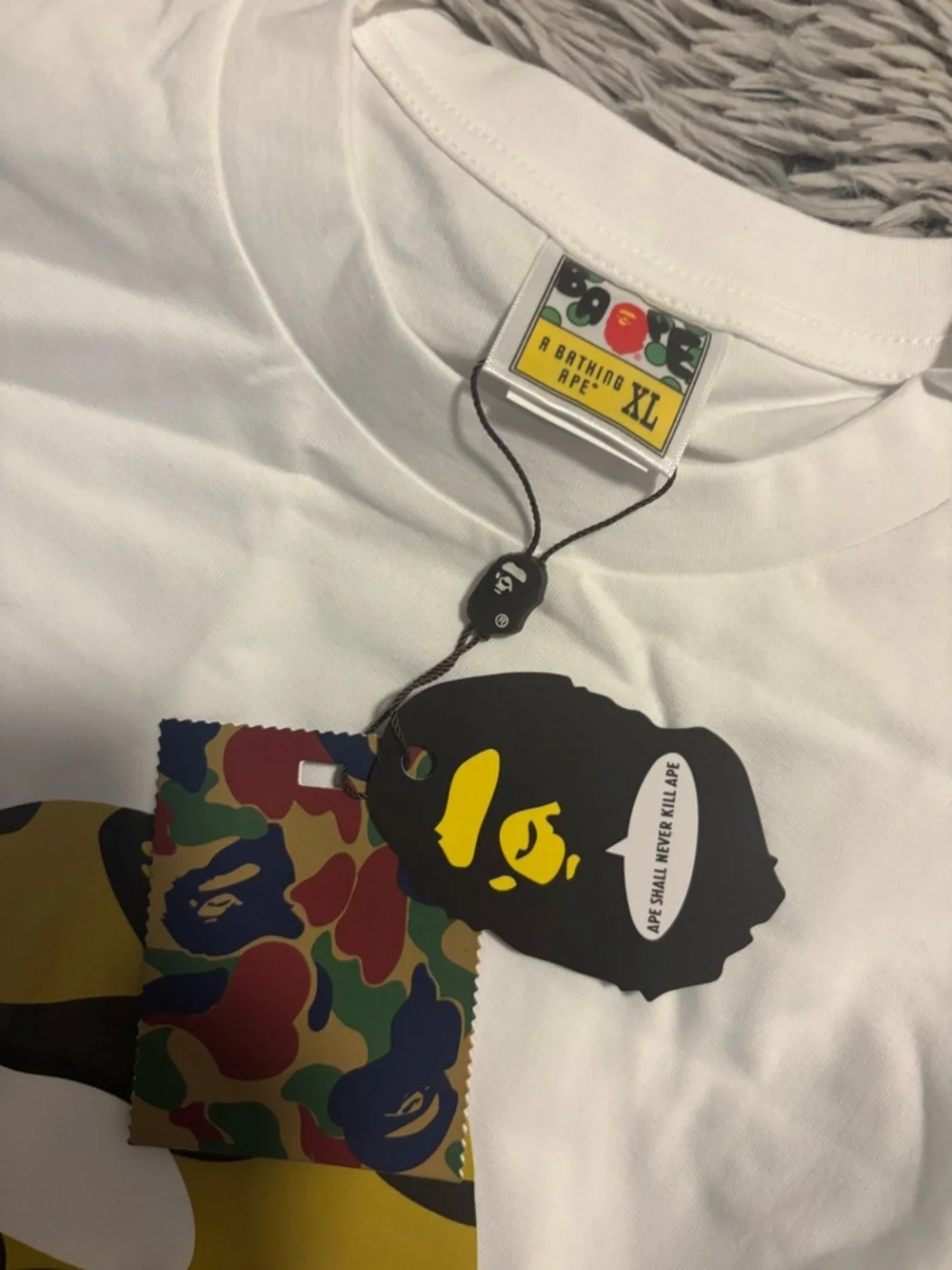 Bape White Tee with Yellow & Black Camo Ape Head - Picture 3 of 4